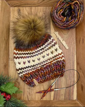 Earthy Tones with Ivory Accent - Merino Wool Knit Hat with Faux Fur Pom Pom, Hand Knit Luxury Beanie, Ethically Sourced Merino Wool Toque