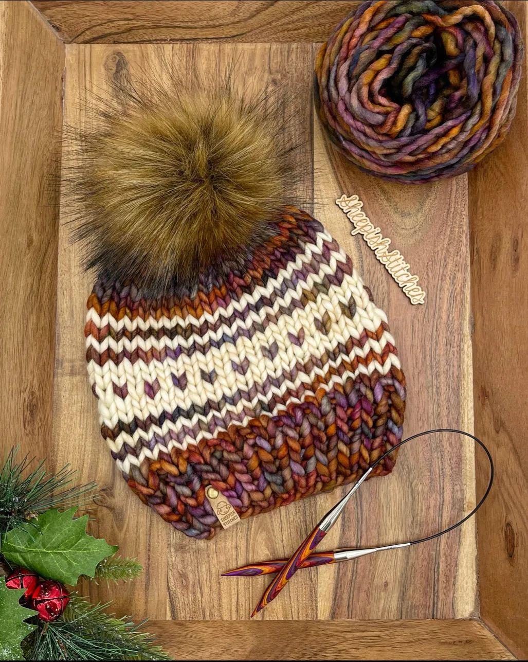 Earthy Tones with Ivory Accent - Merino Wool Knit Hat with Faux Fur Pom Pom, Hand Knit Luxury Beanie, Ethically Sourced Merino Wool Toque