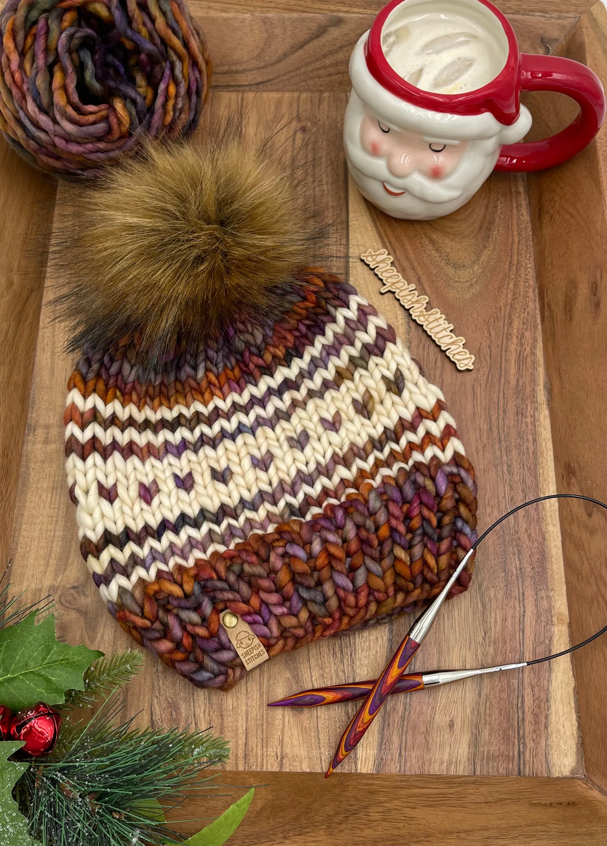 Earthy Tones with Ivory Accent - Merino Wool Knit Hat with Faux Fur Pom Pom, Hand Knit Luxury Beanie, Ethically Sourced Merino Wool Toque