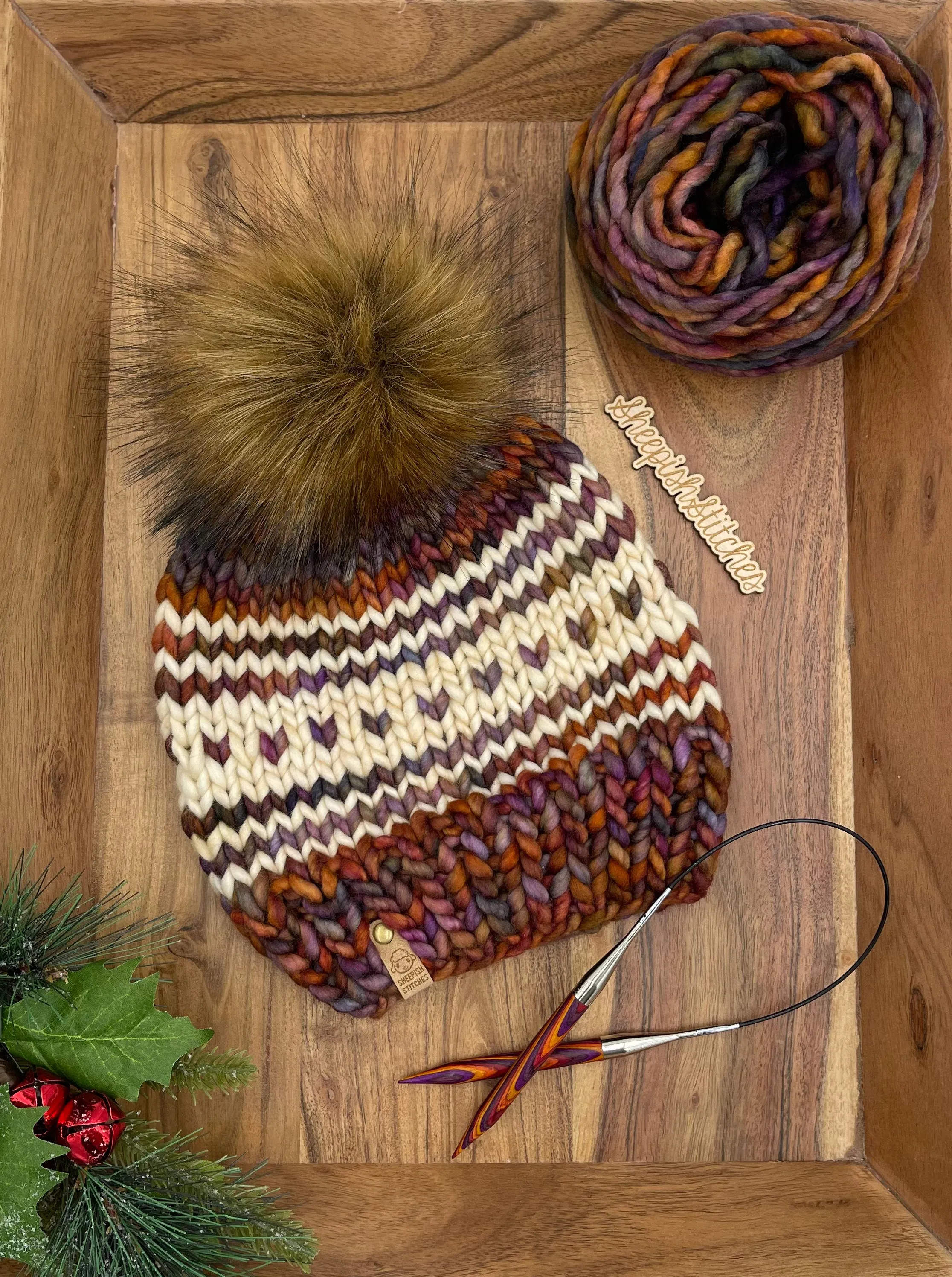 Earthy Tones with Ivory Accent - Merino Wool Knit Hat with Faux Fur Pom Pom, Hand Knit Luxury Beanie, Ethically Sourced Merino Wool Toque
