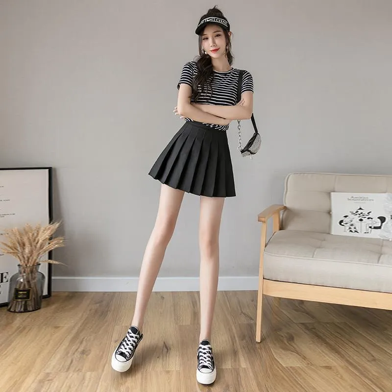 Elastic Waist Pleated Women White Skirt High A-Line Slim Look Korean Chequered Shorts