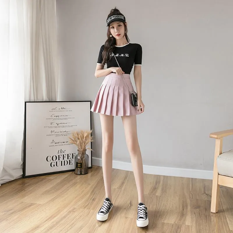 Elastic Waist Pleated Women White Skirt High A-Line Slim Look Korean Chequered Shorts