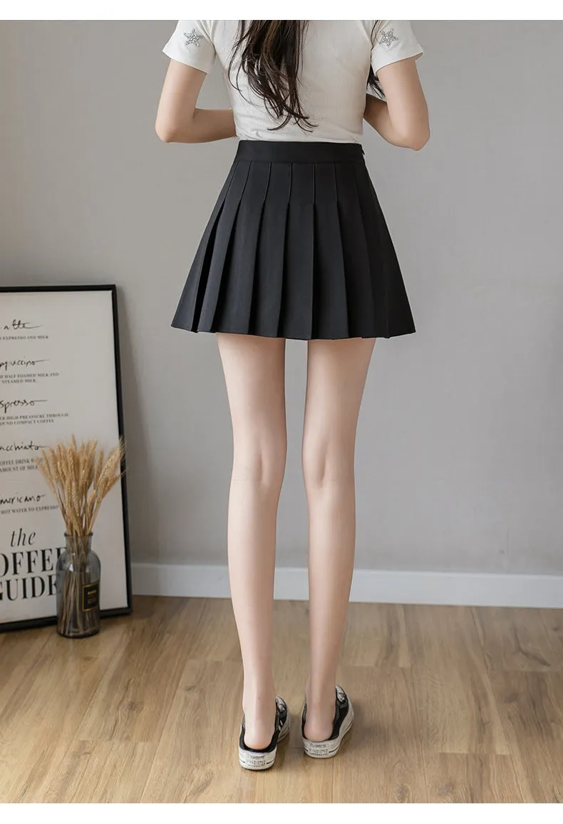 Elastic Waist Pleated Women White Skirt High A-Line Slim Look Korean Chequered Shorts