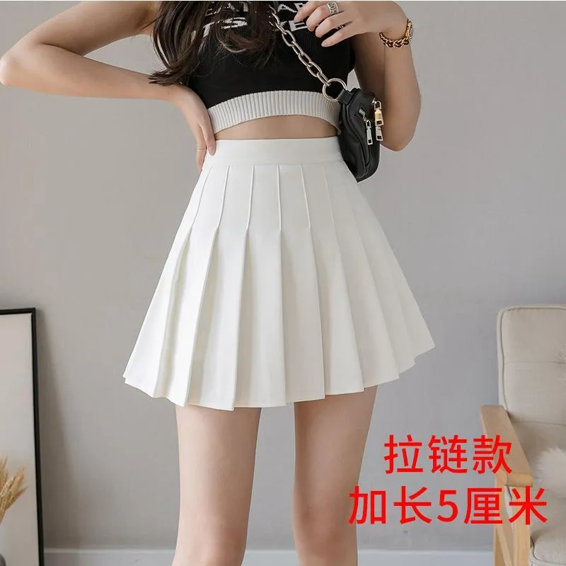 Elastic Waist Pleated Women White Skirt High A-Line Slim Look Korean Chequered Shorts