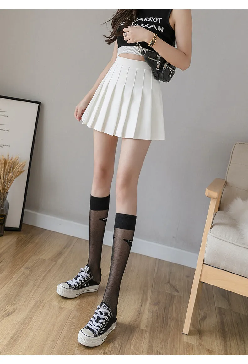 Elastic Waist Pleated Women White Skirt High A-Line Slim Look Korean Chequered Shorts