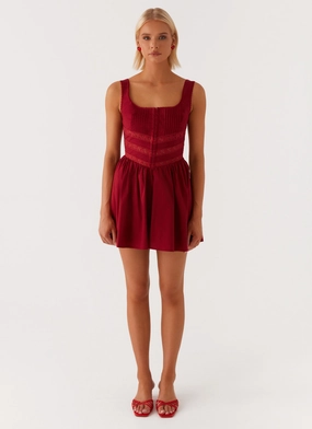 Eleanor Lace Trim Mini Dress - Red Eleanor Lace Trim Mini Dress - Red