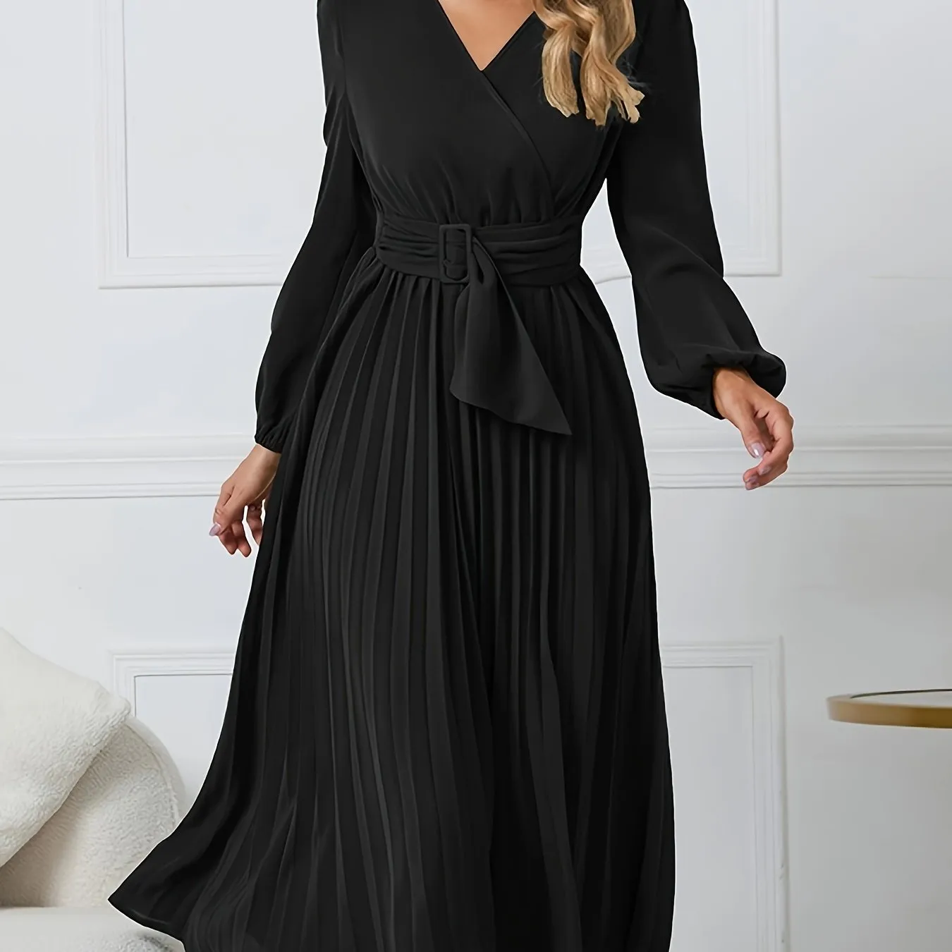 Elegant Midi Dress with Belted Waist & Pleated Details - Versatile Long Sleeve Outfit for Spring/Fall - Ideal for Work & Casual Events