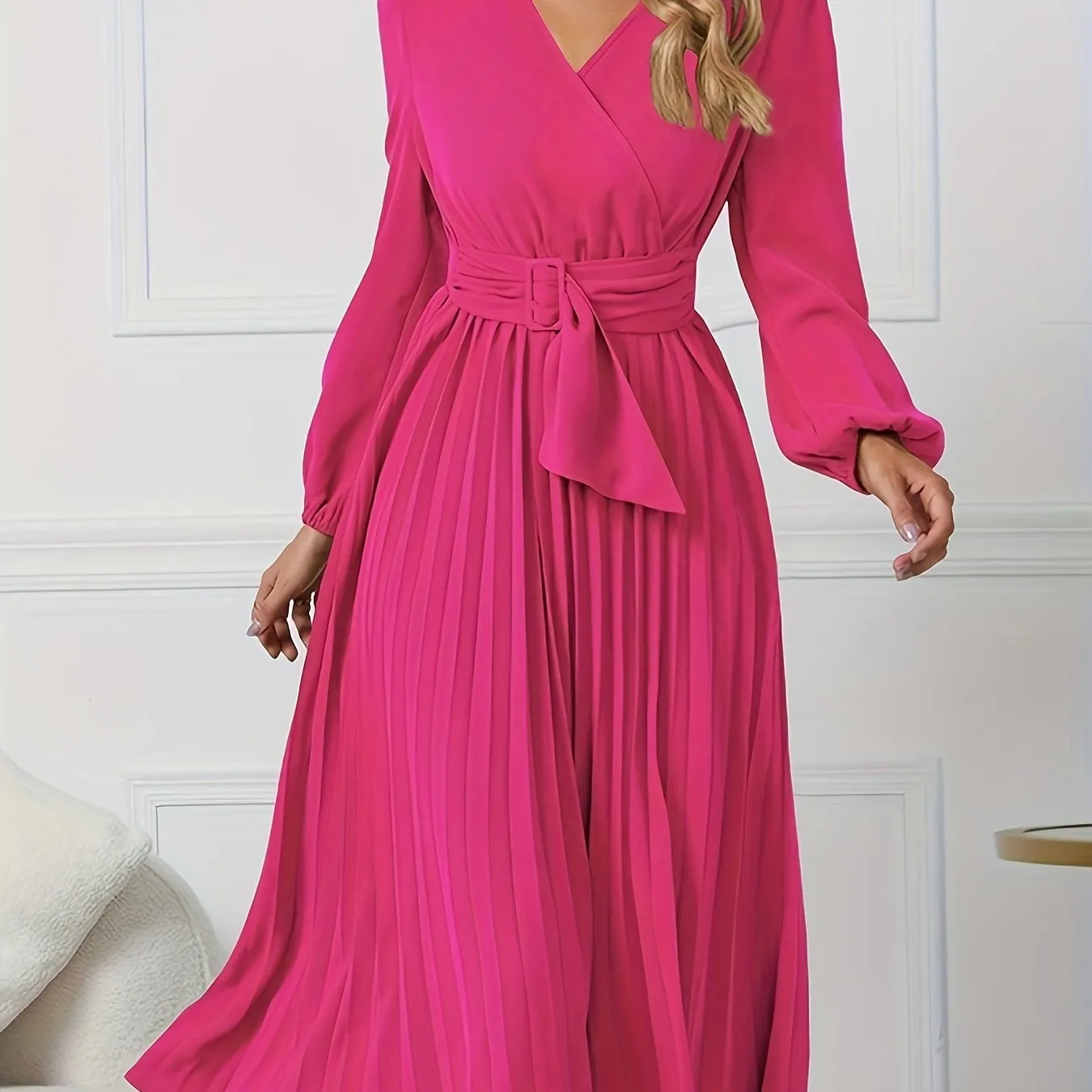 Elegant Midi Dress with Belted Waist & Pleated Details - Versatile Long Sleeve Outfit for Spring/Fall - Ideal for Work & Casual Events