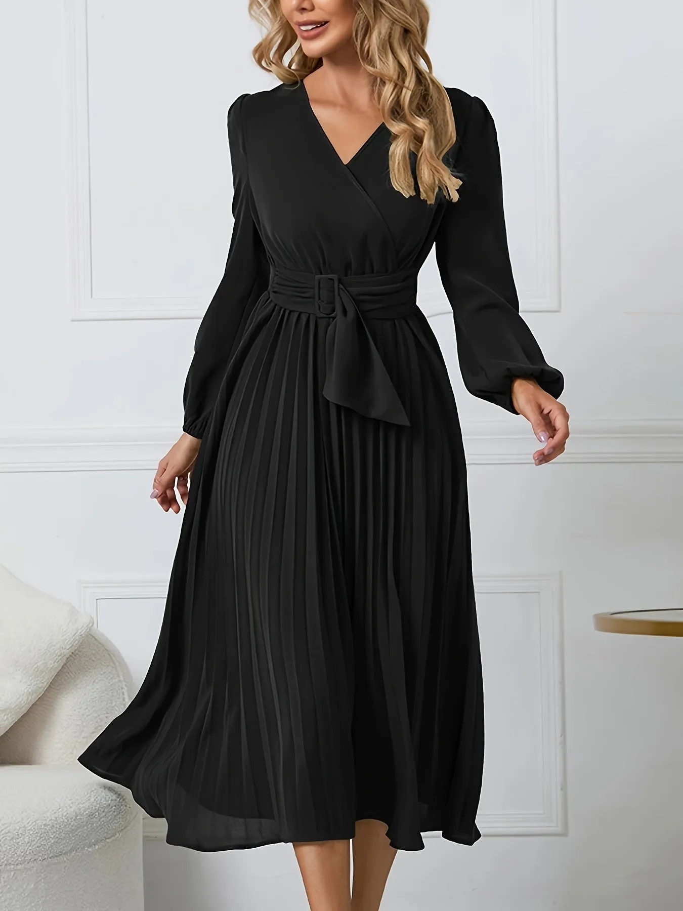 Elegant Midi Dress with Belted Waist & Pleated Details - Versatile Long Sleeve Outfit for Spring/Fall - Ideal for Work & Casual Events
