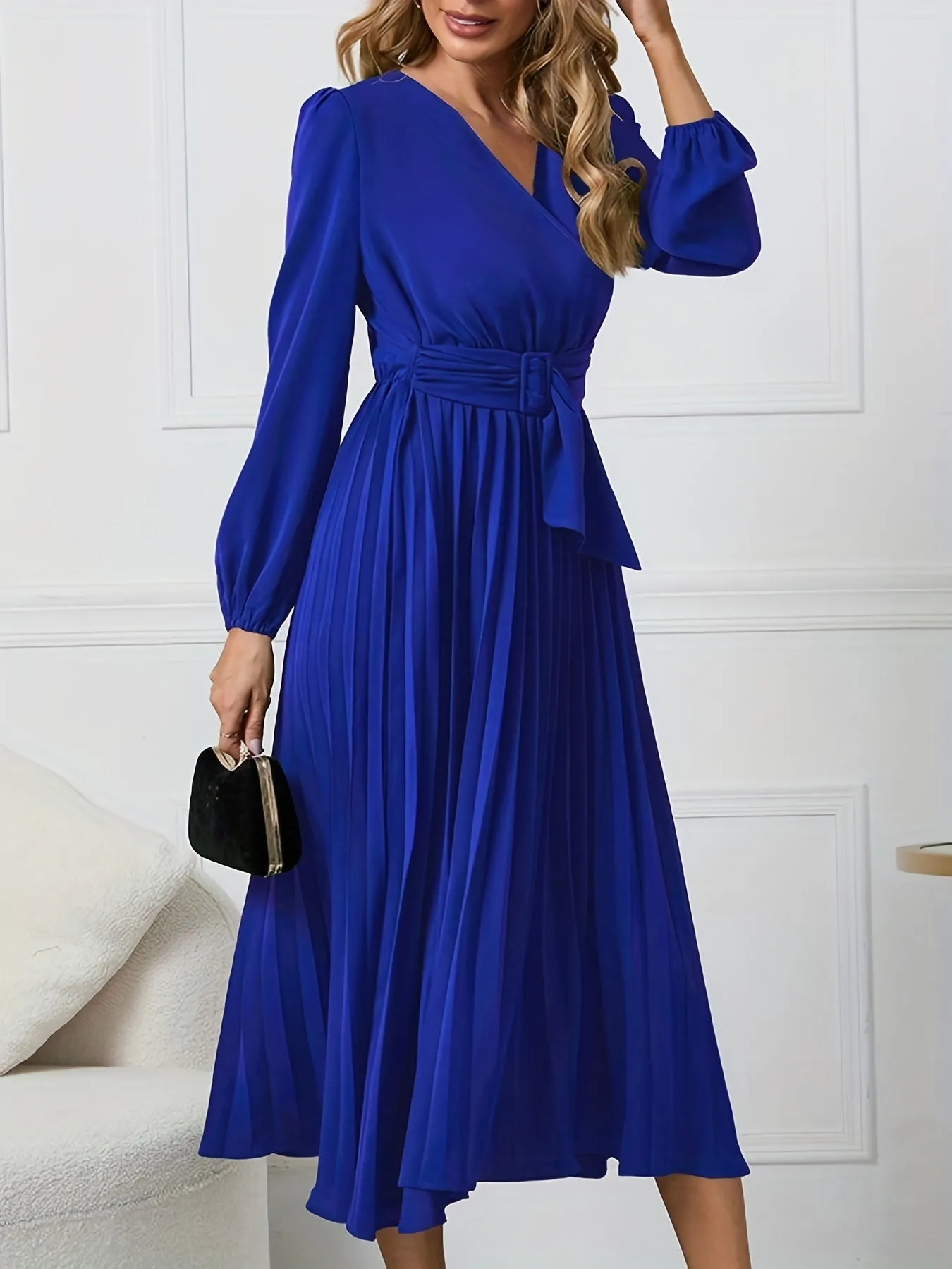 Elegant Midi Dress with Belted Waist & Pleated Details - Versatile Long Sleeve Outfit for Spring/Fall - Ideal for Work & Casual Events
