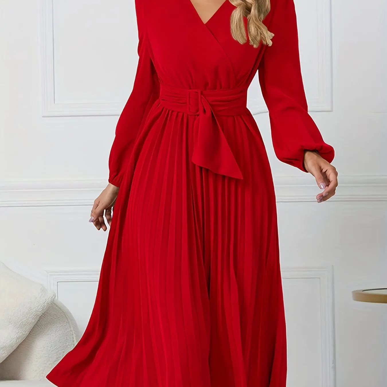 Elegant Midi Dress with Belted Waist & Pleated Details - Versatile Long Sleeve Outfit for Spring/Fall - Ideal for Work & Casual Events