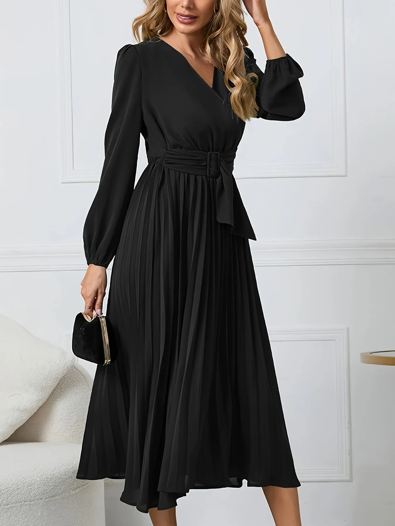 Elegant Midi Dress with Belted Waist & Pleated Details - Versatile Long Sleeve Outfit for Spring/Fall - Ideal for Work & Casual Events