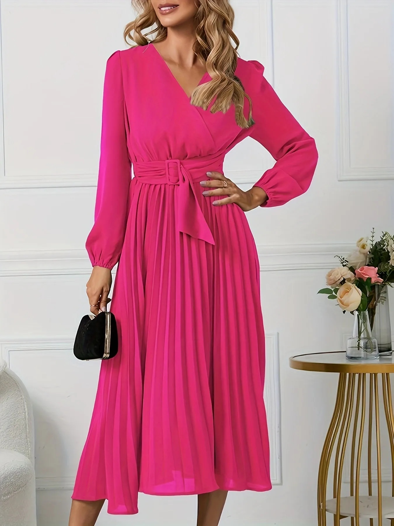 Elegant Midi Dress with Belted Waist & Pleated Details - Versatile Long Sleeve Outfit for Spring/Fall - Ideal for Work & Casual Events