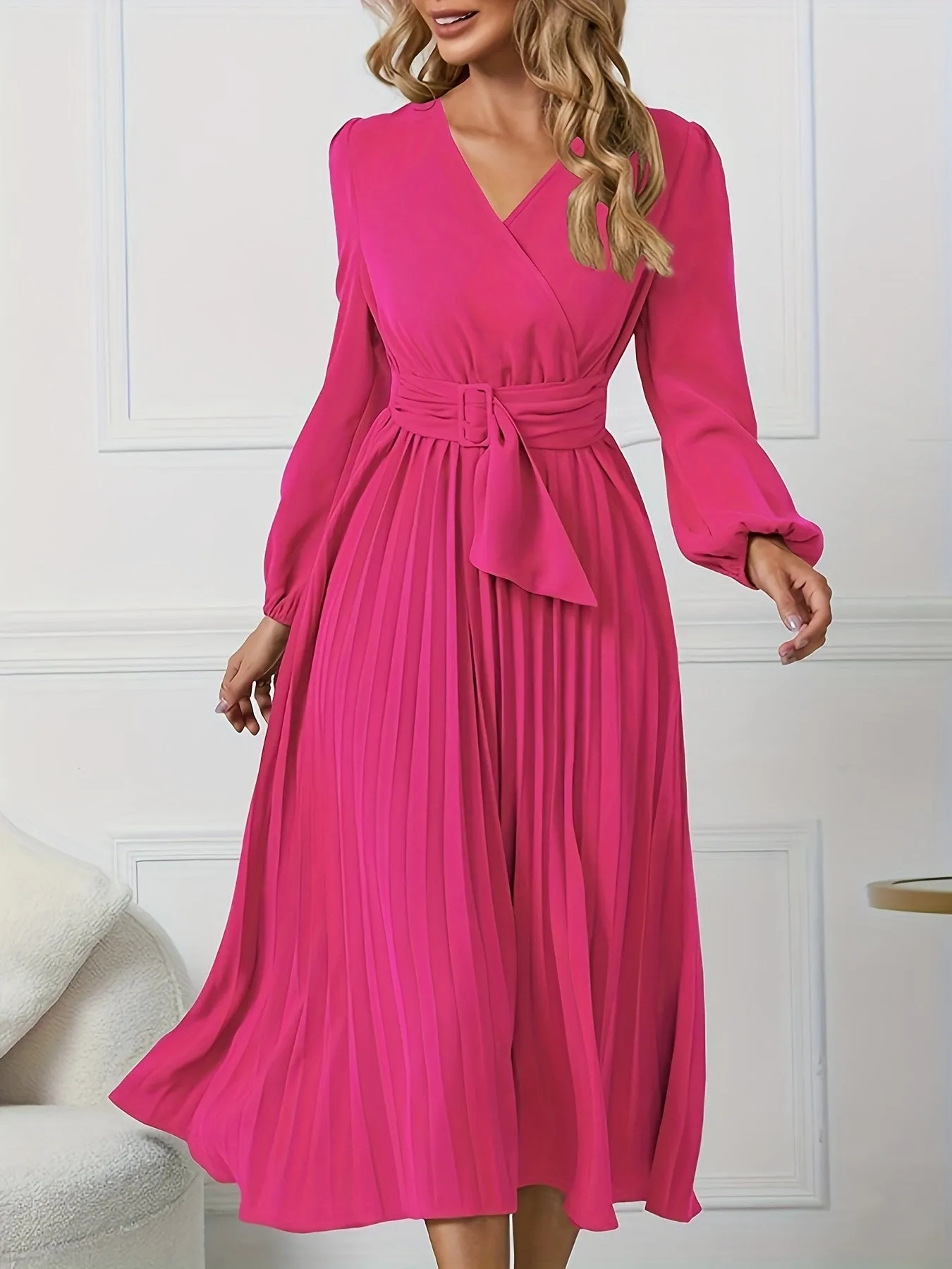 Elegant Midi Dress with Belted Waist & Pleated Details - Versatile Long Sleeve Outfit for Spring/Fall - Ideal for Work & Casual Events