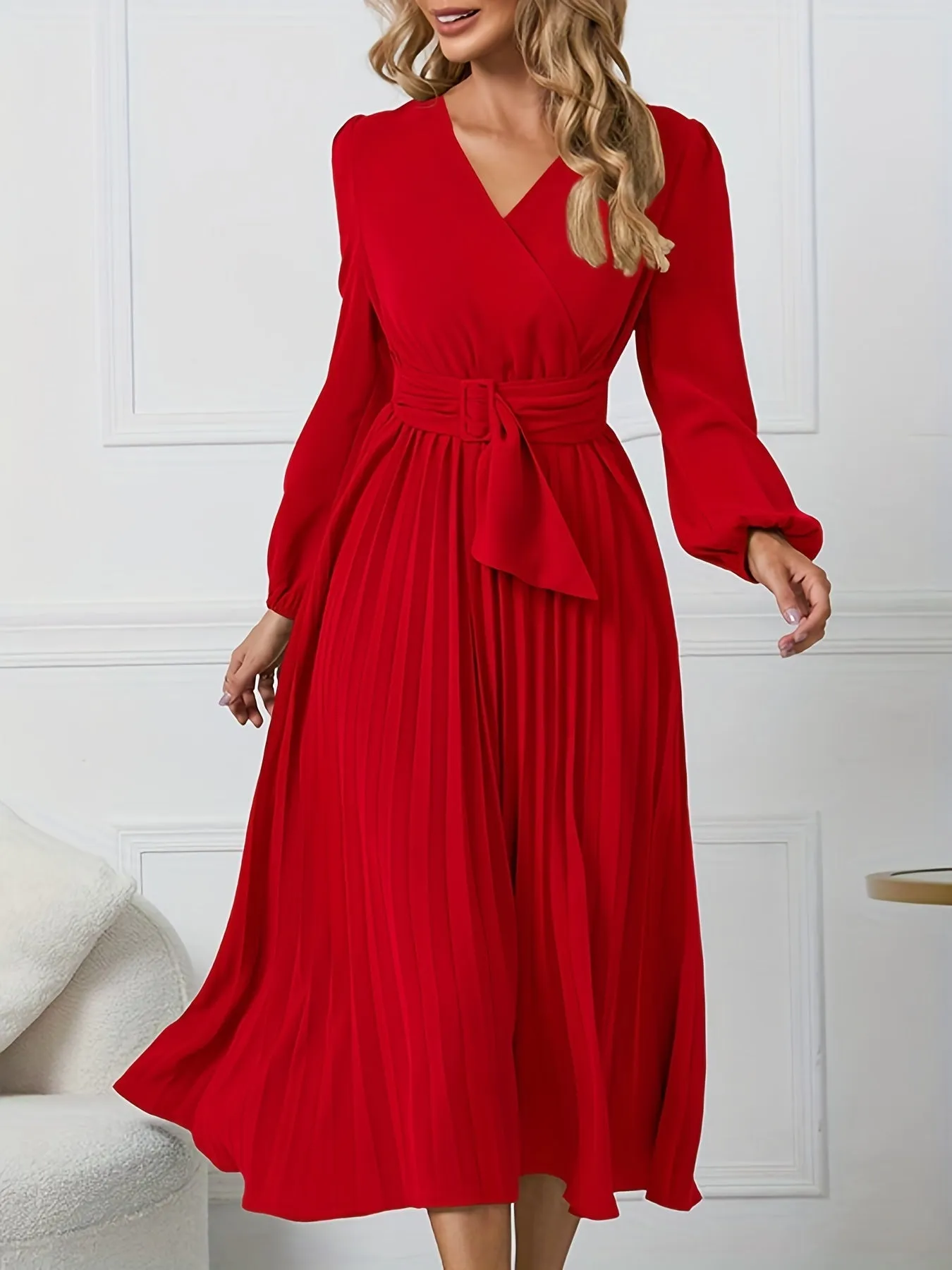 Elegant Midi Dress with Belted Waist & Pleated Details - Versatile Long Sleeve Outfit for Spring/Fall - Ideal for Work & Casual Events
