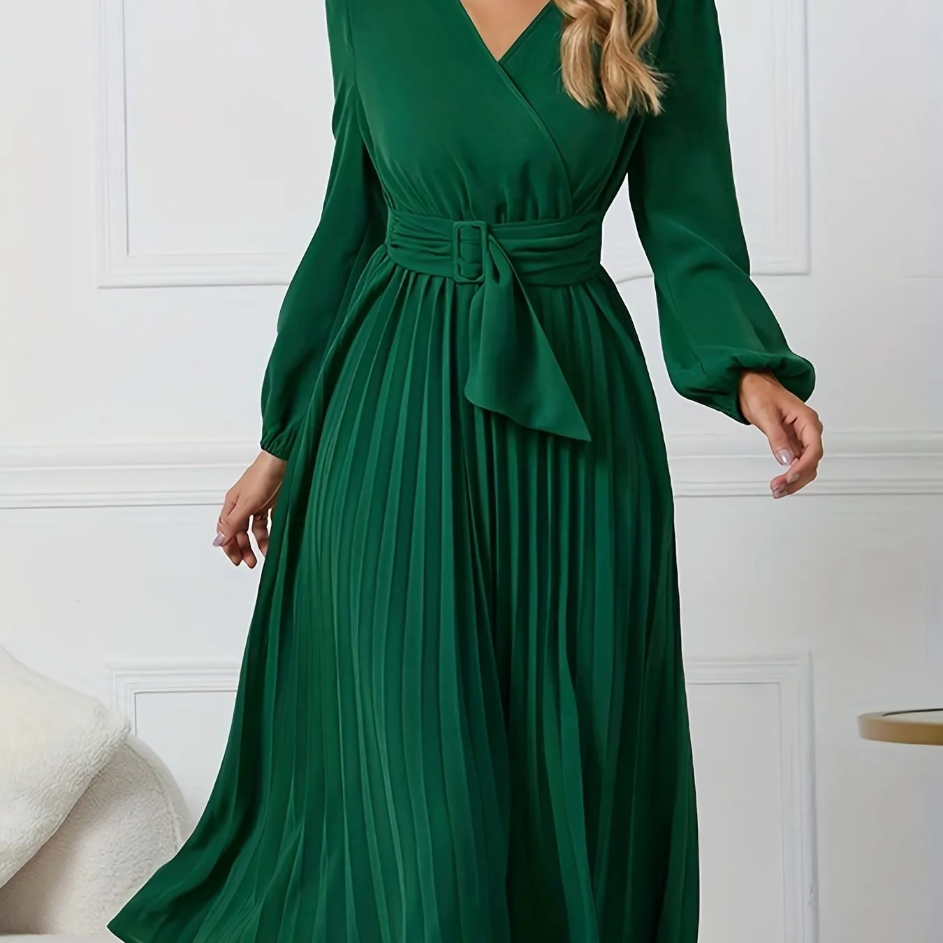 Elegant Midi Dress with Belted Waist & Pleated Details - Versatile Long Sleeve Outfit for Spring/Fall - Ideal for Work & Casual Events