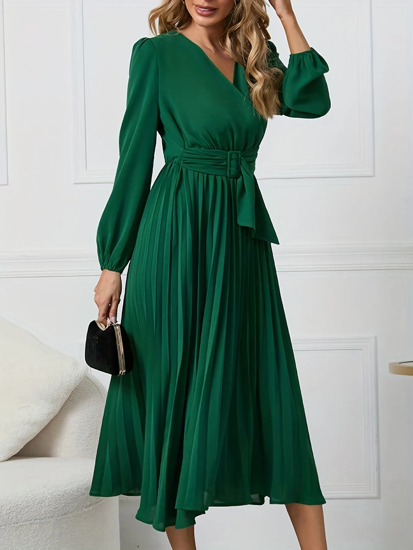 Elegant Midi Dress with Belted Waist & Pleated Details - Versatile Long Sleeve Outfit for Spring/Fall - Ideal for Work & Casual Events