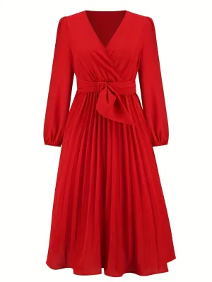 Elegant Midi Dress with Belted Waist & Pleated Details - Versatile Long Sleeve Outfit for Spring/Fall - Ideal for Work & Casual Events