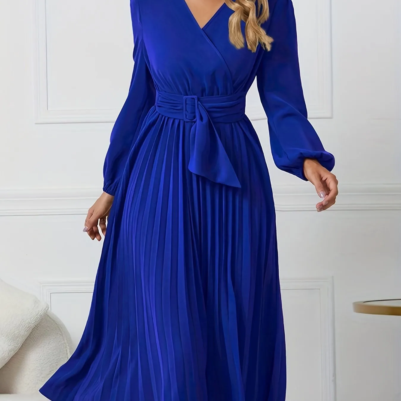 Elegant Midi Dress with Belted Waist & Pleated Details - Versatile Long Sleeve Outfit for Spring/Fall - Ideal for Work & Casual Events