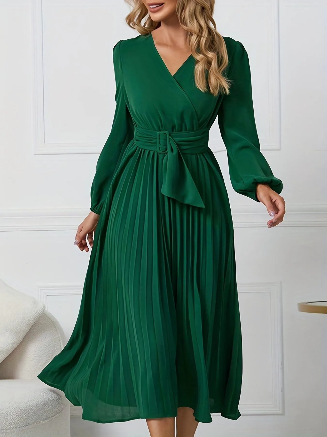 Elegant Midi Dress with Belted Waist & Pleated Details - Versatile Long Sleeve Outfit for Spring/Fall - Ideal for Work & Casual Events