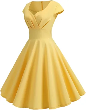 Elegant Midi Dresses for Women, V Neck Cap Sleeve Pleated Wrap Dress, Solid Color Vintage Cocktail Party Gowns