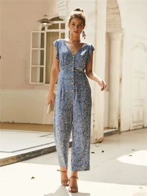 Elegant Print Jumpsuits Women Full Length Loose Casual Ruffles Jumpsuits