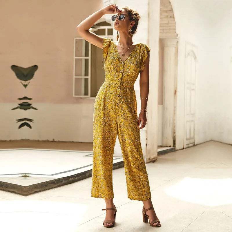 Elegant Print Jumpsuits Women Full Length Loose Casual Ruffles Jumpsuits