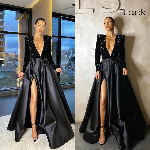 Elegant Satin Evening Dresses Long Sequined Sexy Deep V Neck Side Slit Formal Prom Dress Simple Ruched Robe de soiree