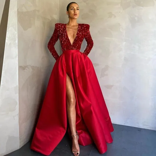 Elegant Satin Evening Dresses Long Sequined Sexy Deep V Neck Side Slit Formal Prom Dress Simple Ruched Robe de soiree
