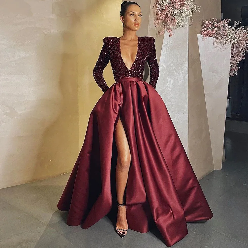 Elegant Satin Evening Dresses Long Sequined Sexy Deep V Neck Side Slit Formal Prom Dress Simple Ruched Robe de soiree
