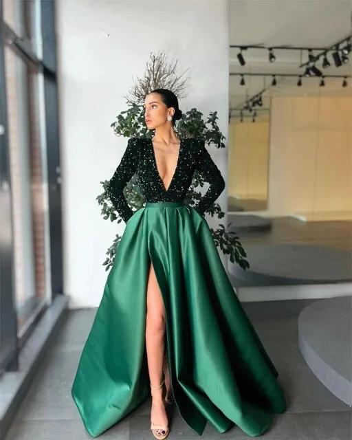 Elegant Satin Evening Dresses Long Sequined Sexy Deep V Neck Side Slit Formal Prom Dress Simple Ruched Robe de soiree