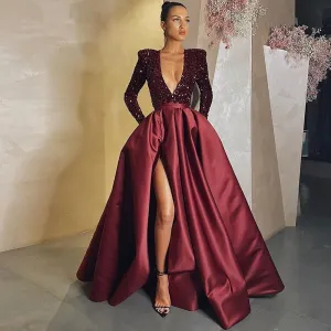 Elegant Satin Evening Dresses Long Sequined Sexy Deep V Neck Side Slit Formal Prom Dress Simple Ruched Robe de soiree