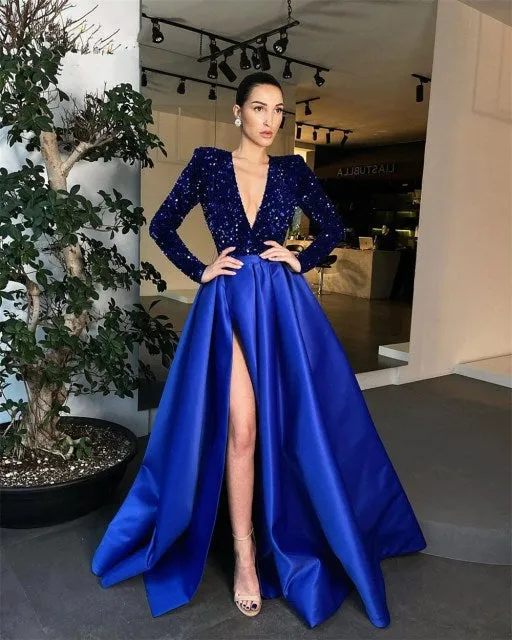 Elegant Satin Evening Dresses Long Sequined Sexy Deep V Neck Side Slit Formal Prom Dress Simple Ruched Robe de soiree