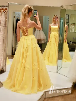 Elegant Spaghetti Straps Appliques Prom Dresses Satin A-line Evening Gowns PD710