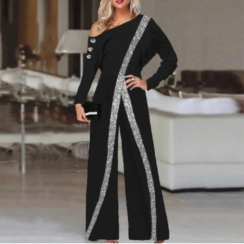 Elegant Striped Sequin Slash Neck Long Sleeve Wide Leg Rompers