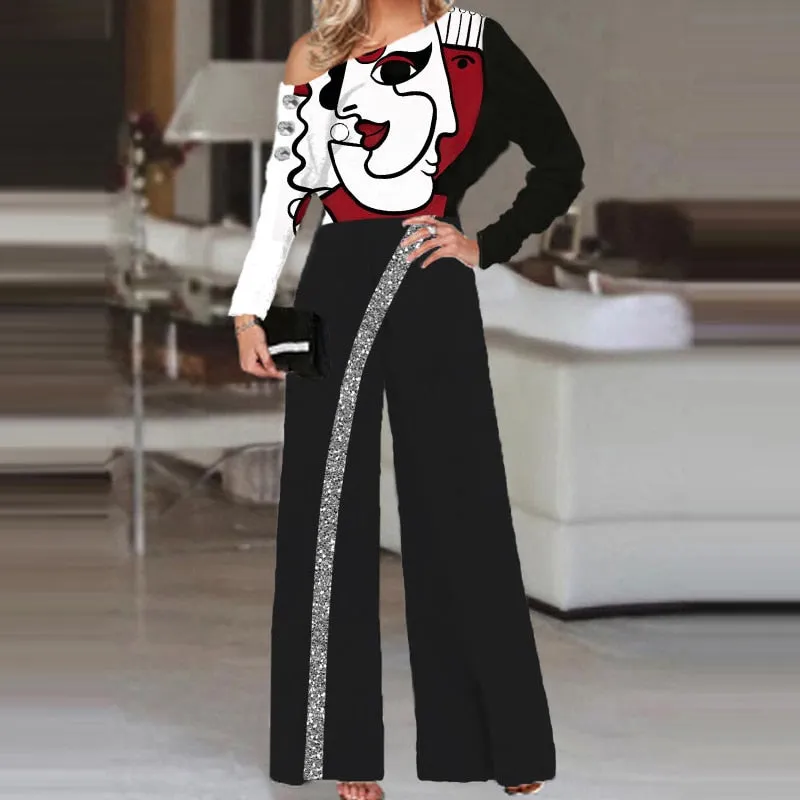 Elegant Striped Sequin Slash Neck Long Sleeve Wide Leg Rompers
