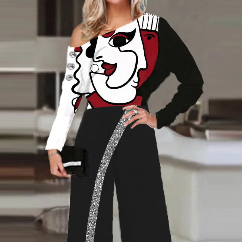 Elegant Striped Sequin Slash Neck Long Sleeve Wide Leg Rompers