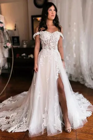 Elegant Tulle A-line Off-the-Shoulder Wedding Dresses With Lace Appliques, SW680