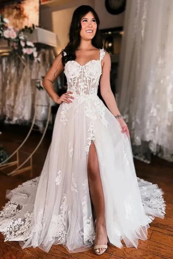 Elegant Tulle A-line Off-the-Shoulder Wedding Dresses With Lace Appliques, SW680