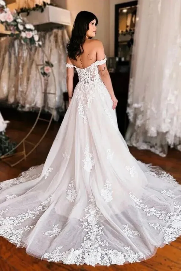 Elegant Tulle A-line Off-the-Shoulder Wedding Dresses With Lace Appliques, SW680