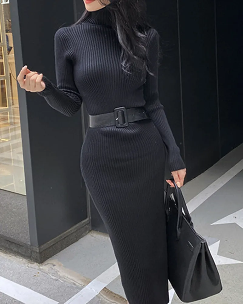 Elegant Turtleneck Sweater Dress Slim-fitting Belted Knee-length Knitted Dress