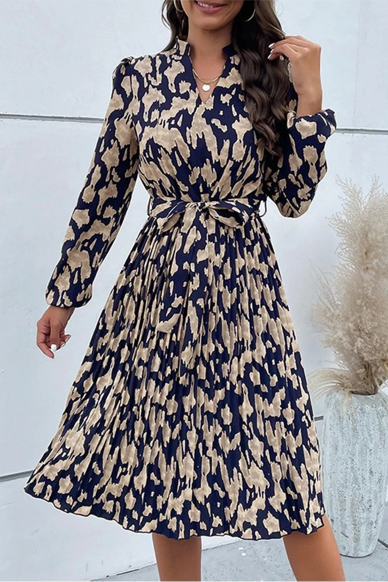 ELEGANT PATTERNED V NECK TIED WAIST DRESS