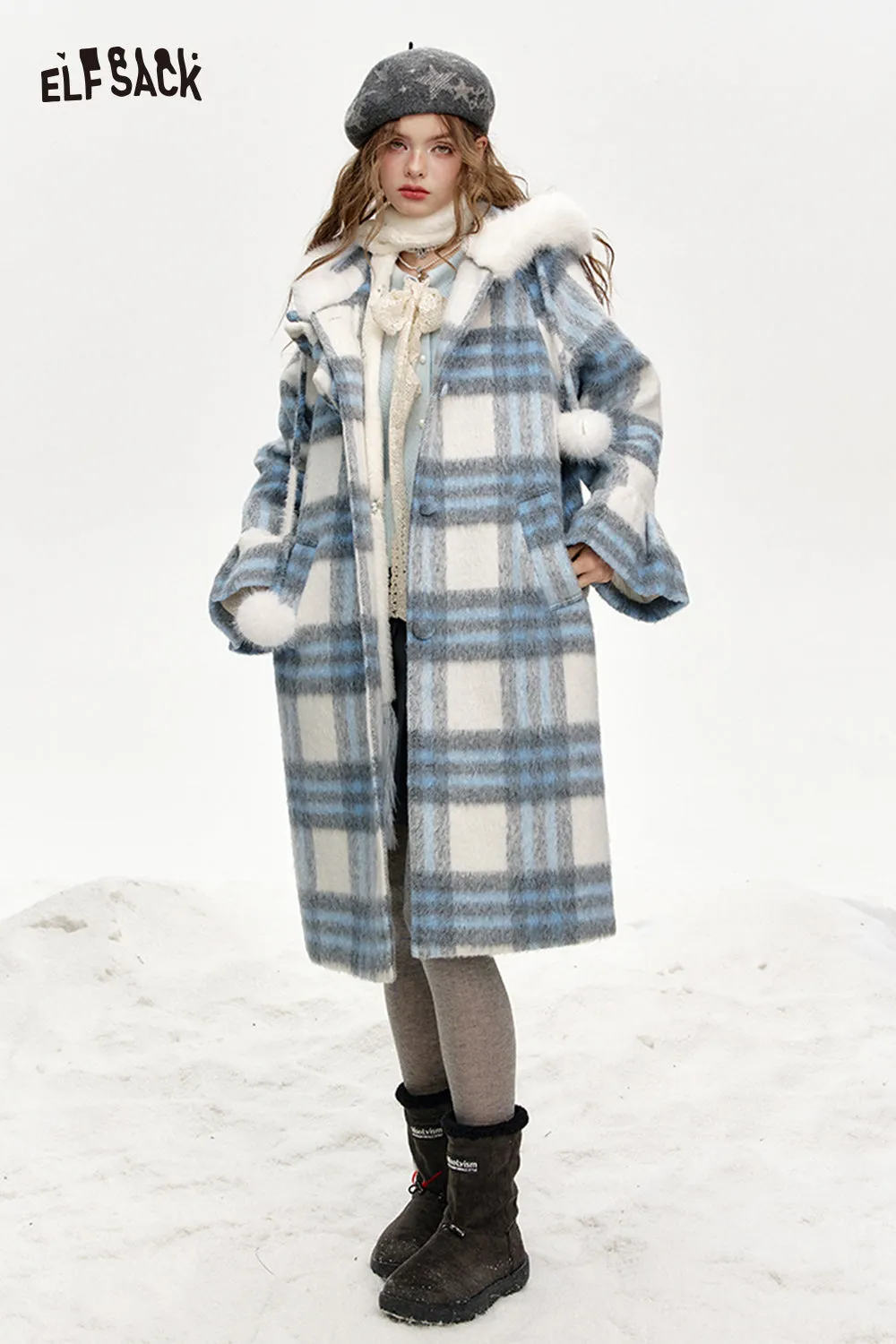ELFSACK 2024 Winter New Arrivals Blue and white plaid hooded long thick coat for women