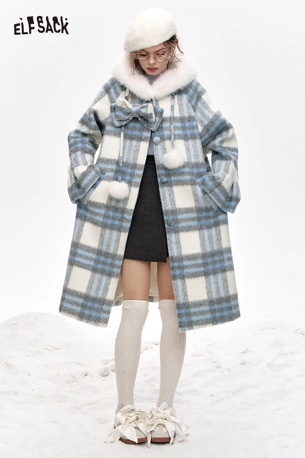 ELFSACK 2024 Winter New Arrivals Blue and white plaid hooded long thick coat for women