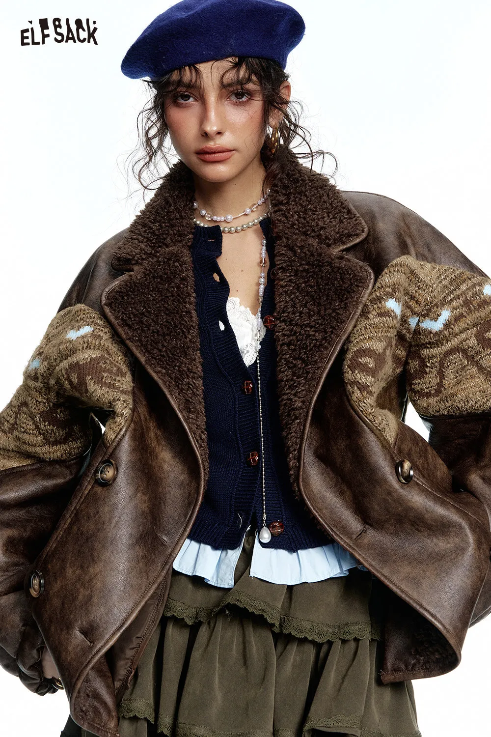 ELFSACK 2024 Winter New Arrivals Retro Maillard knitted bow jacquard stitching imitation plush PU jacket for women