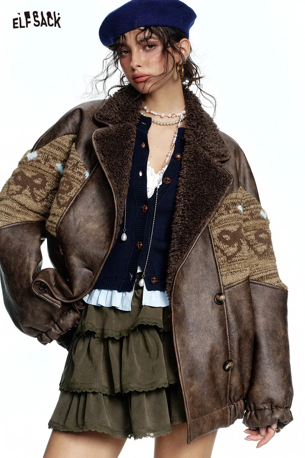 ELFSACK 2024 Winter New Arrivals Retro Maillard knitted bow jacquard stitching imitation plush PU jacket for women
