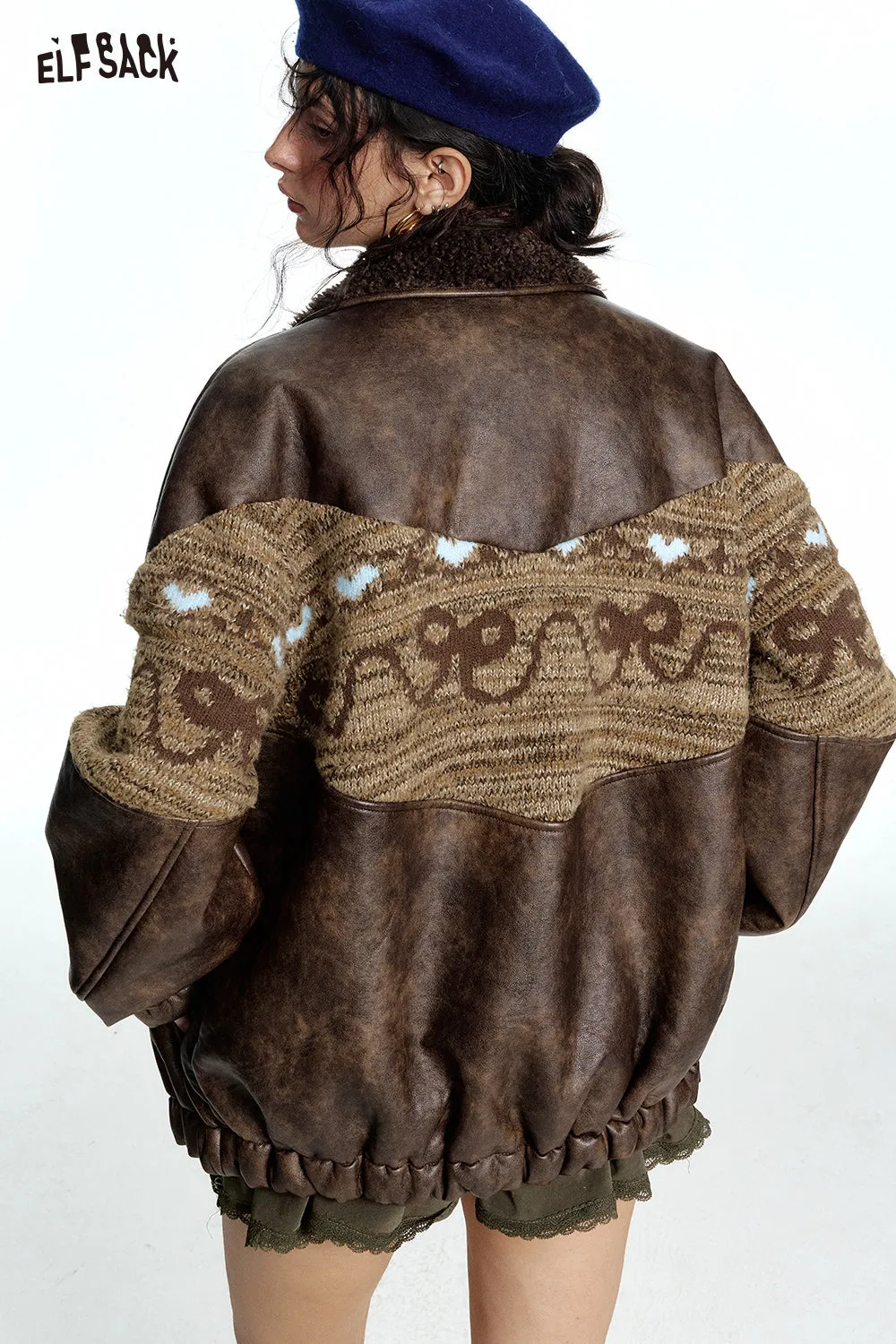 ELFSACK 2024 Winter New Arrivals Retro Maillard knitted bow jacquard stitching imitation plush PU jacket for women