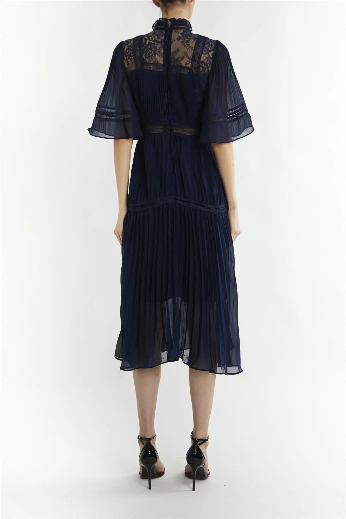 Ellie Navy Mixed Lace Pleated Midi Dress
