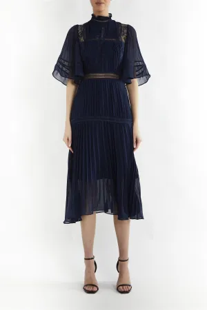 Ellie Navy Mixed Lace Pleated Midi Dress