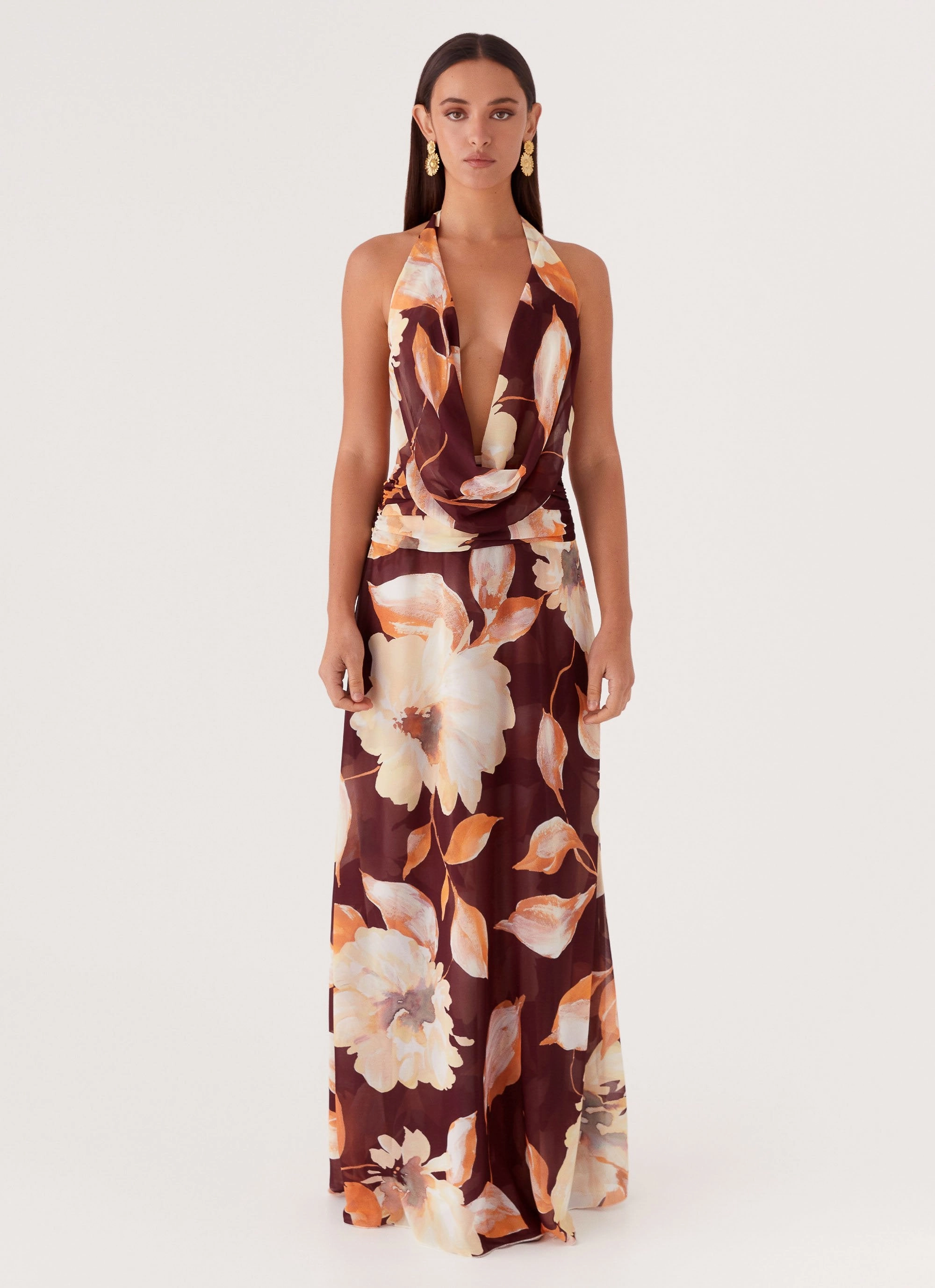 Elysia Chiffon Maxi Dress - Brown Floral